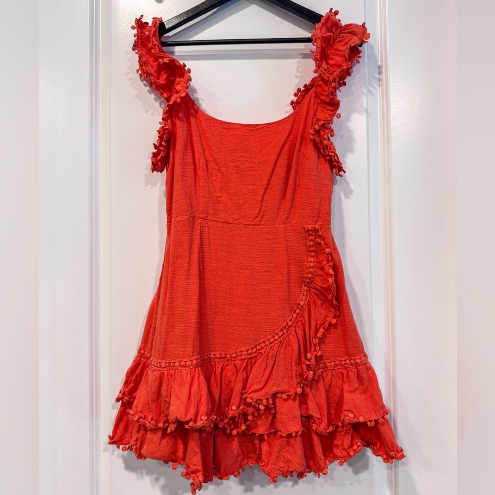 Annie Ruffle Shoulder Strap Layered Hem Mini Dress Orange; Size: Medium